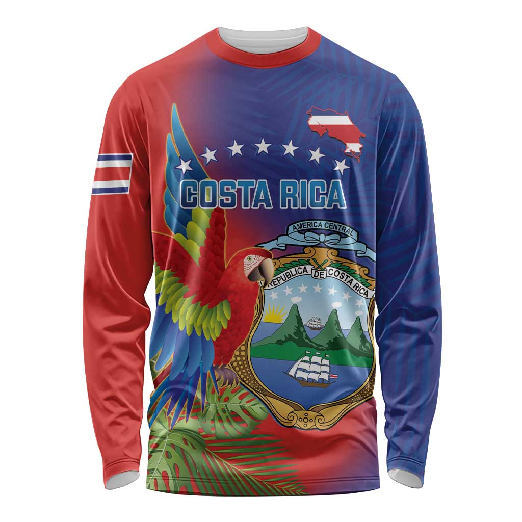 Personalized Costa Rica Independence Day Long Sleeve Shirt Scarlet Macaw Parrot With Coat Of Arms - Wonder Print Shop