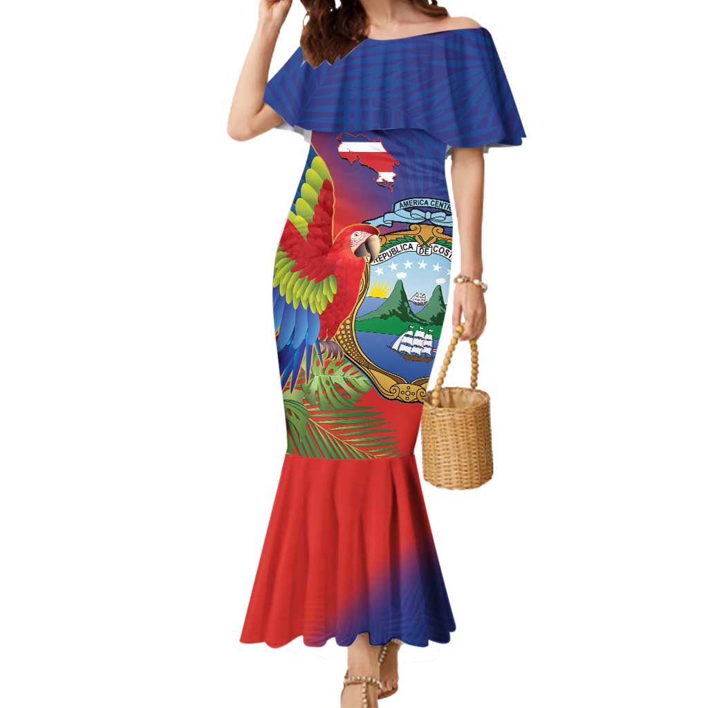 Personalized Costa Rica Independence Day Mermaid Dress Scarlet Macaw Parrot With Coat Of Arms - Wonder Print Shop