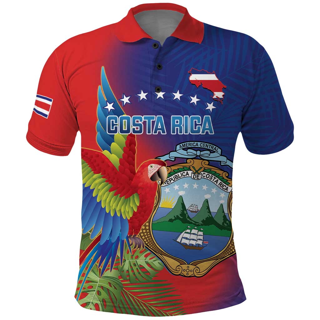 Personalized Costa Rica Independence Day Polo Shirt Scarlet Macaw Parrot With Coat Of Arms - Wonder Print Shop