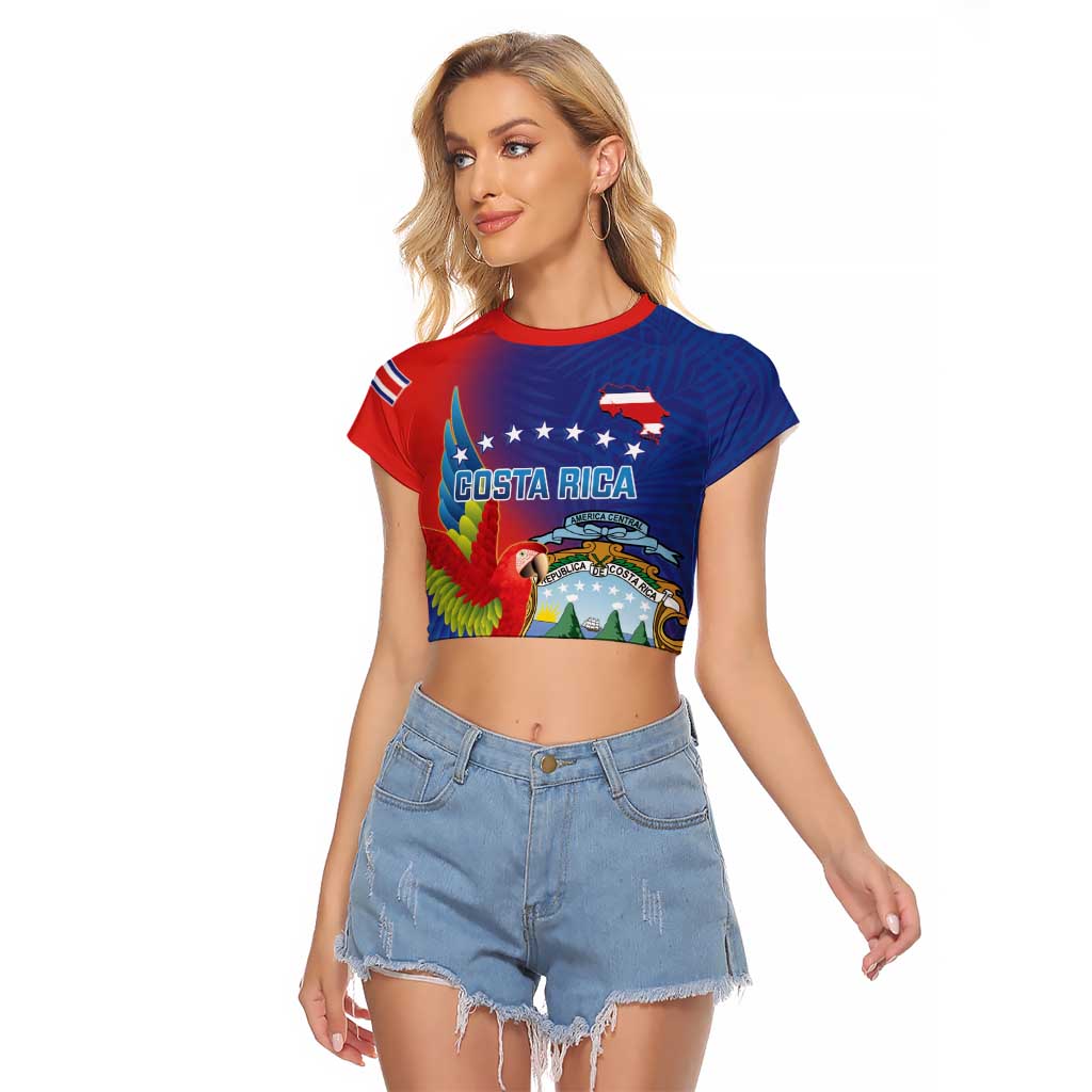 Personalized Costa Rica Independence Day Raglan Cropped T Shirt Scarlet Macaw Parrot With Coat Of Arms - Wonder Print Shop