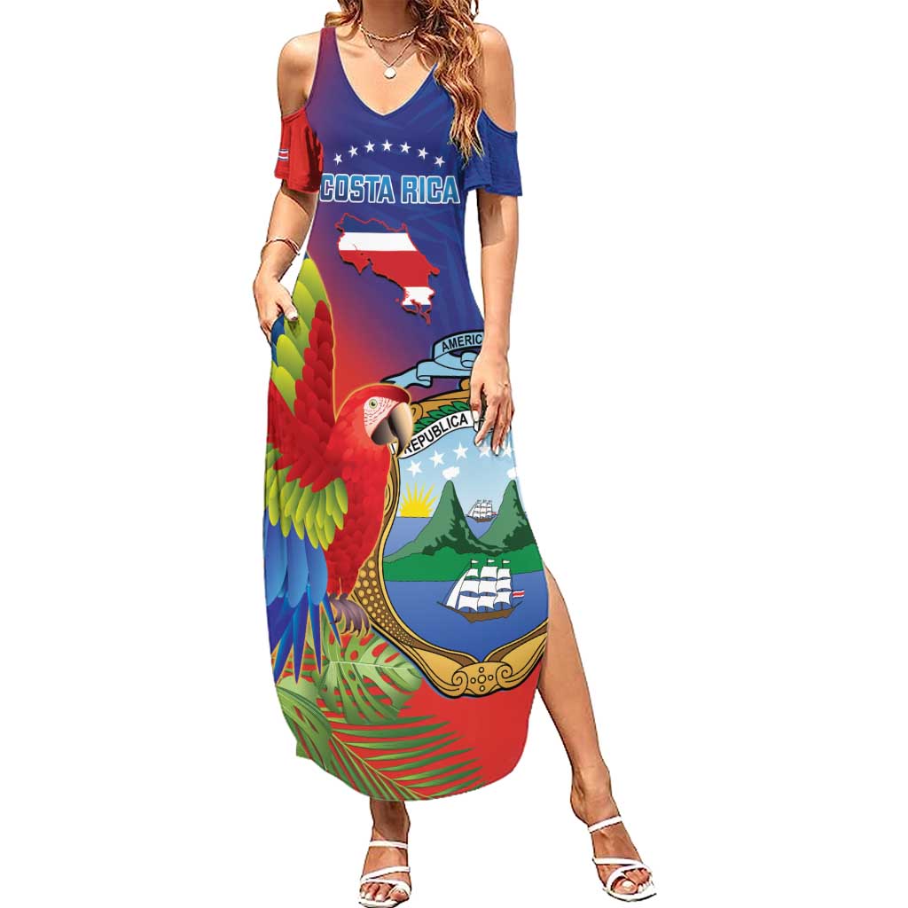 Personalized Costa Rica Independence Day Summer Maxi Dress Scarlet Macaw Parrot With Coat Of Arms - Wonder Print Shop