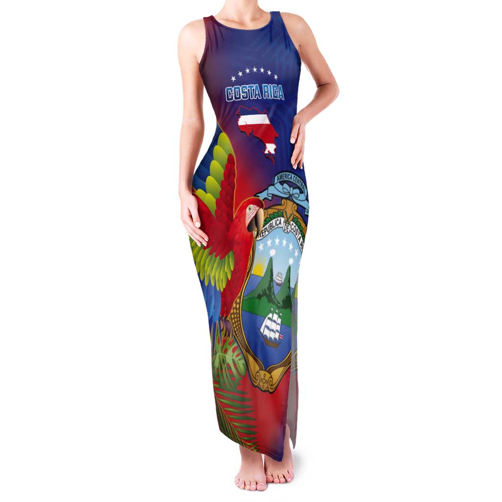 Personalized Costa Rica Independence Day Tank Maxi Dress Scarlet Macaw Parrot With Coat Of Arms - Wonder Print Shop