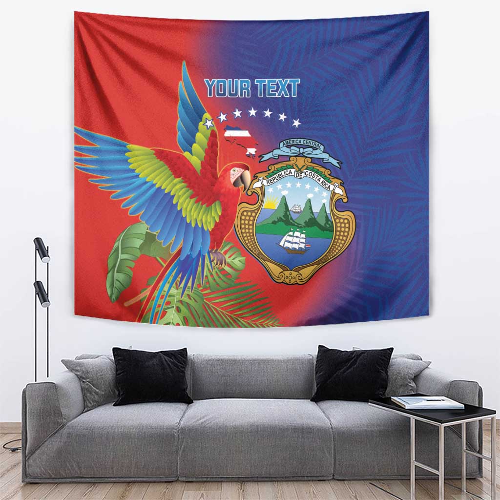Wall tapestry with scarlet macaw and Costa Rica coat of arms, red and blue design