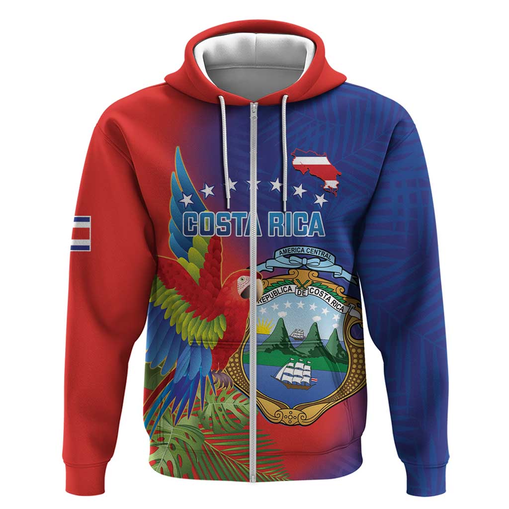 Personalized Costa Rica Independence Day Zip Hoodie Scarlet Macaw Parrot With Coat Of Arms - Wonder Print Shop