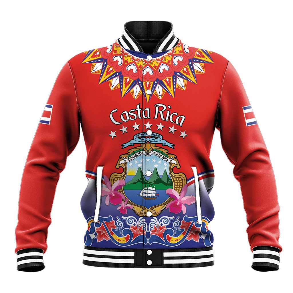 Red baseball hoodie jacket with Costa Rica graphic, multicolor folk pattern, striped rib trim