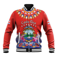 Red baseball hoodie jacket with Costa Rica graphic, multicolor folk pattern, striped rib trim