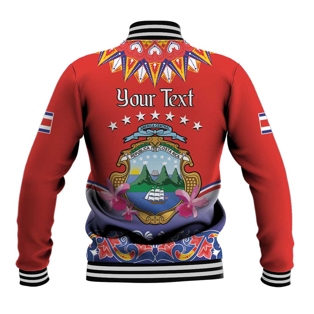 Red baseball hoodie jacket with 'Your Text' back graphic, folk banner, striped rib trim