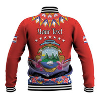 Red baseball hoodie jacket with 'Your Text' back graphic, folk banner, striped rib trim