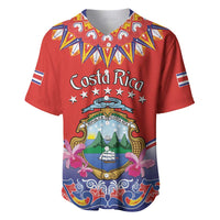 Red baseball jersey with folk pattern, Costa Rica crest and stars, short sleeves