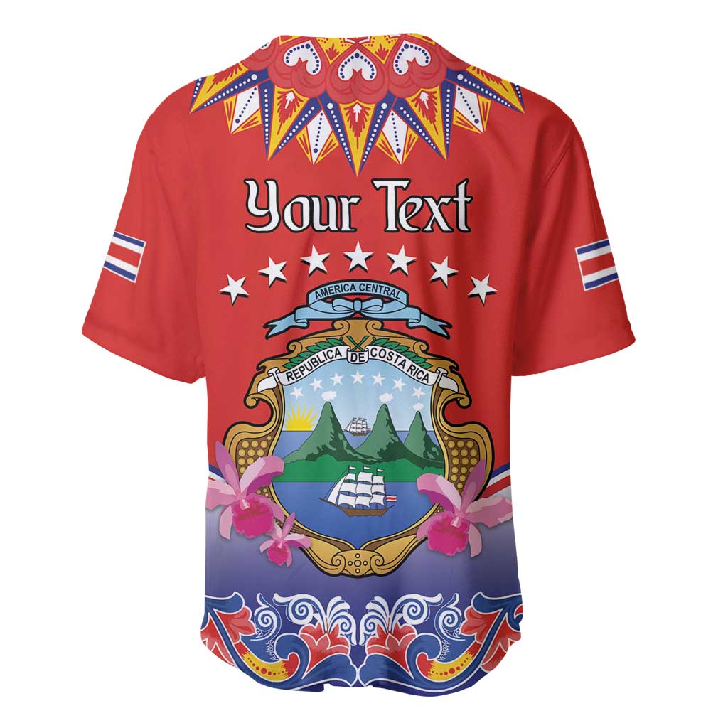 Red baseball jersey with folk pattern, Your Text, Costa Rica crest, short sleeves