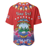 Red baseball jersey with folk pattern, Your Text, Costa Rica crest, short sleeves
