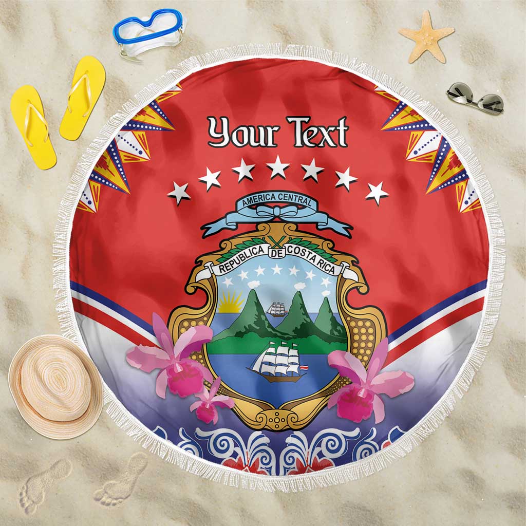Red circular beach blanket with white fringe, Costa Rica crest and floral folk pattern, Your Text