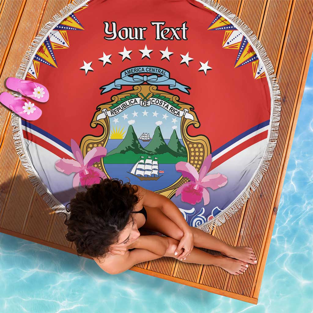 Red circular beach blanket with white fringe, Costa Rica crest, pink flowers, Your Text