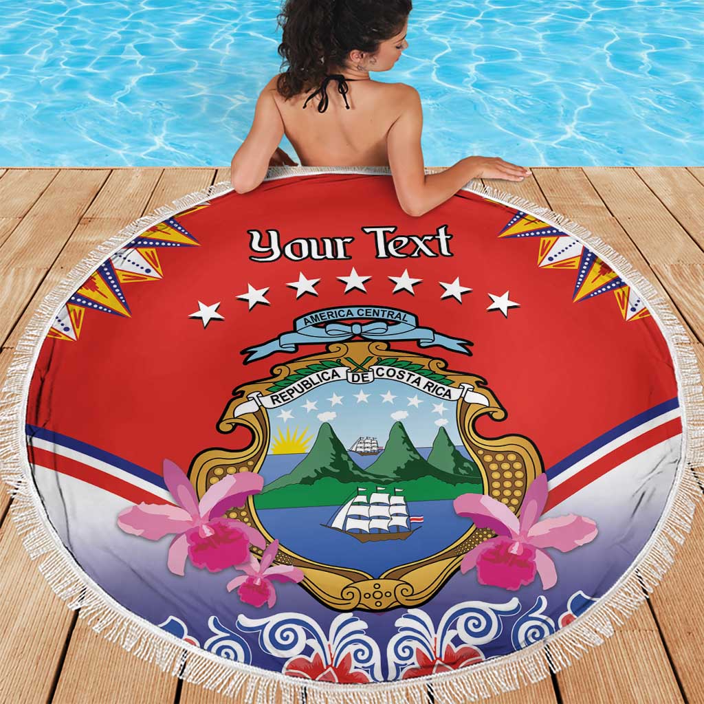 Red circular beach blanket with white fringe and Costa Rica crest, pink flowers, Your Text