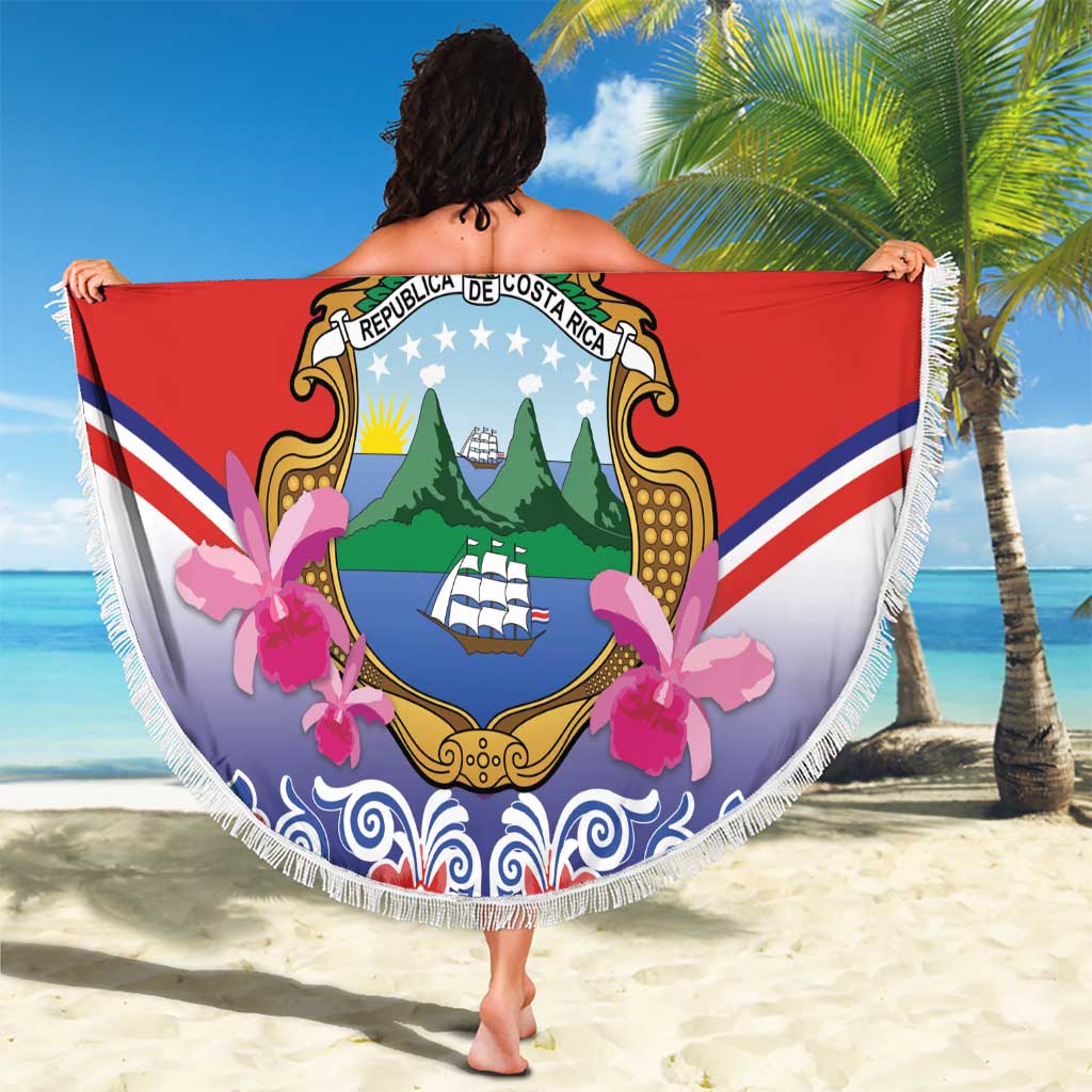 Red circular beach blanket with white fringe, Costa Rica crest and mountains, Your Text