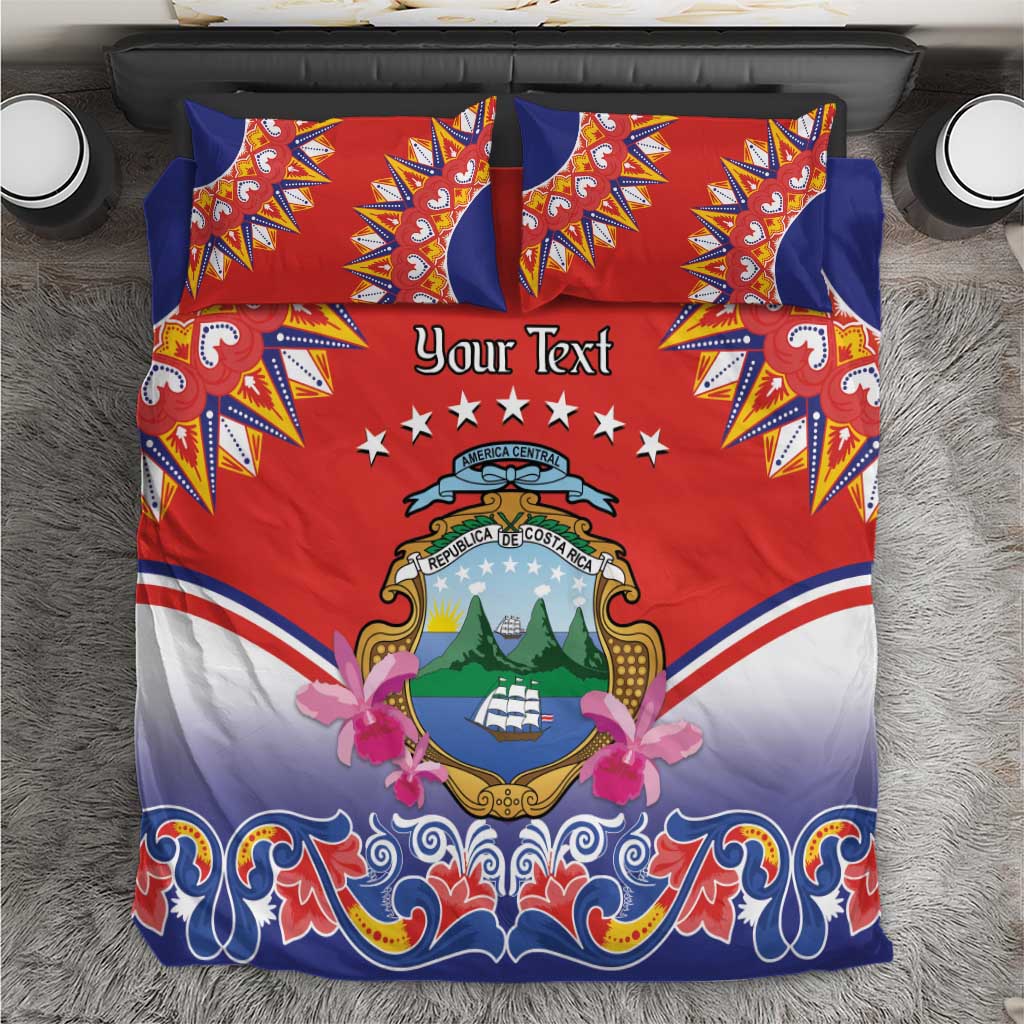 Red, blue and white Independence-style bedding set with crest emblem and “Your Text”.