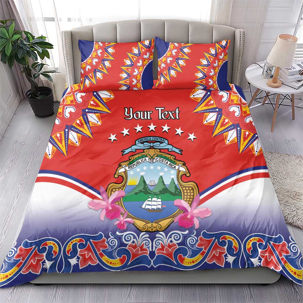 Red, blue and white duvet cover with pillow shams showing crest emblem and “Your Text”.