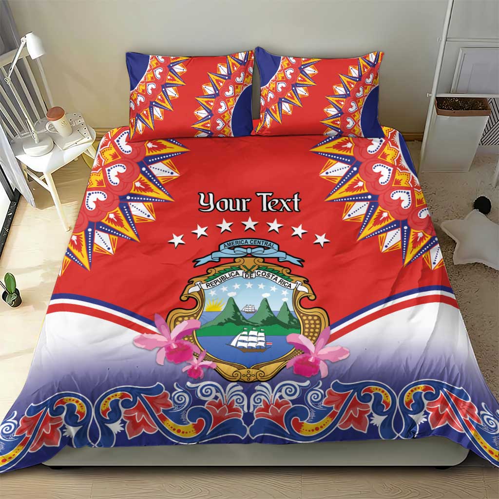 Red duvet cover with two matching pillow shams; “Your Text” crest and stars on center.