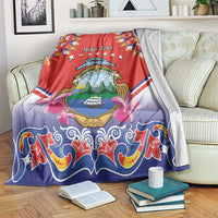 Personalized Costa Rica blanket, red and blue with crest, stars and floral folk trim