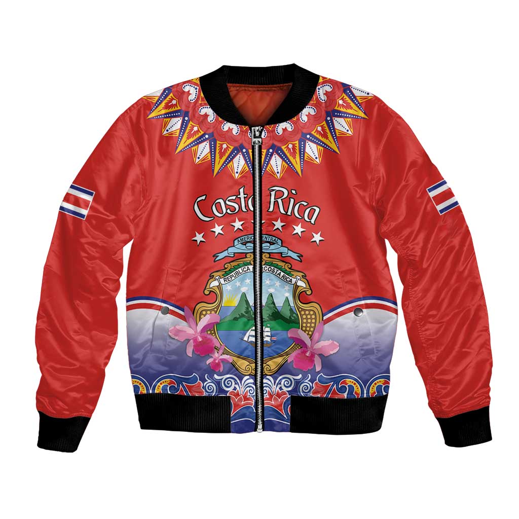 Red bomber jacket with Costa Rica folk crest, black ribbed collar and cuffs, front zip.