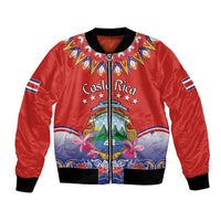 Red bomber jacket with Costa Rica folk crest, black ribbed collar and cuffs, front zip.