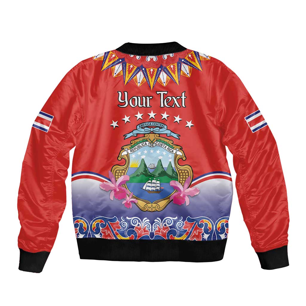 Red bomber jacket with 'Your text' folk crest, black ribbed collar and cuffs, front zip.