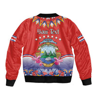 Red bomber jacket with 'Your text' folk crest, black ribbed collar and cuffs, front zip.