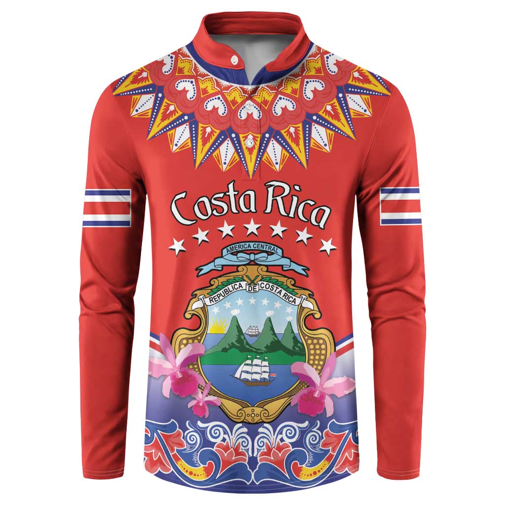 Red long-sleeve button sweatshirt with Costa Rica graphic, folk collar detail, and striped sleeve bands.