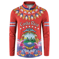 Red long-sleeve button sweatshirt with Costa Rica graphic, folk collar detail, and striped sleeve bands.