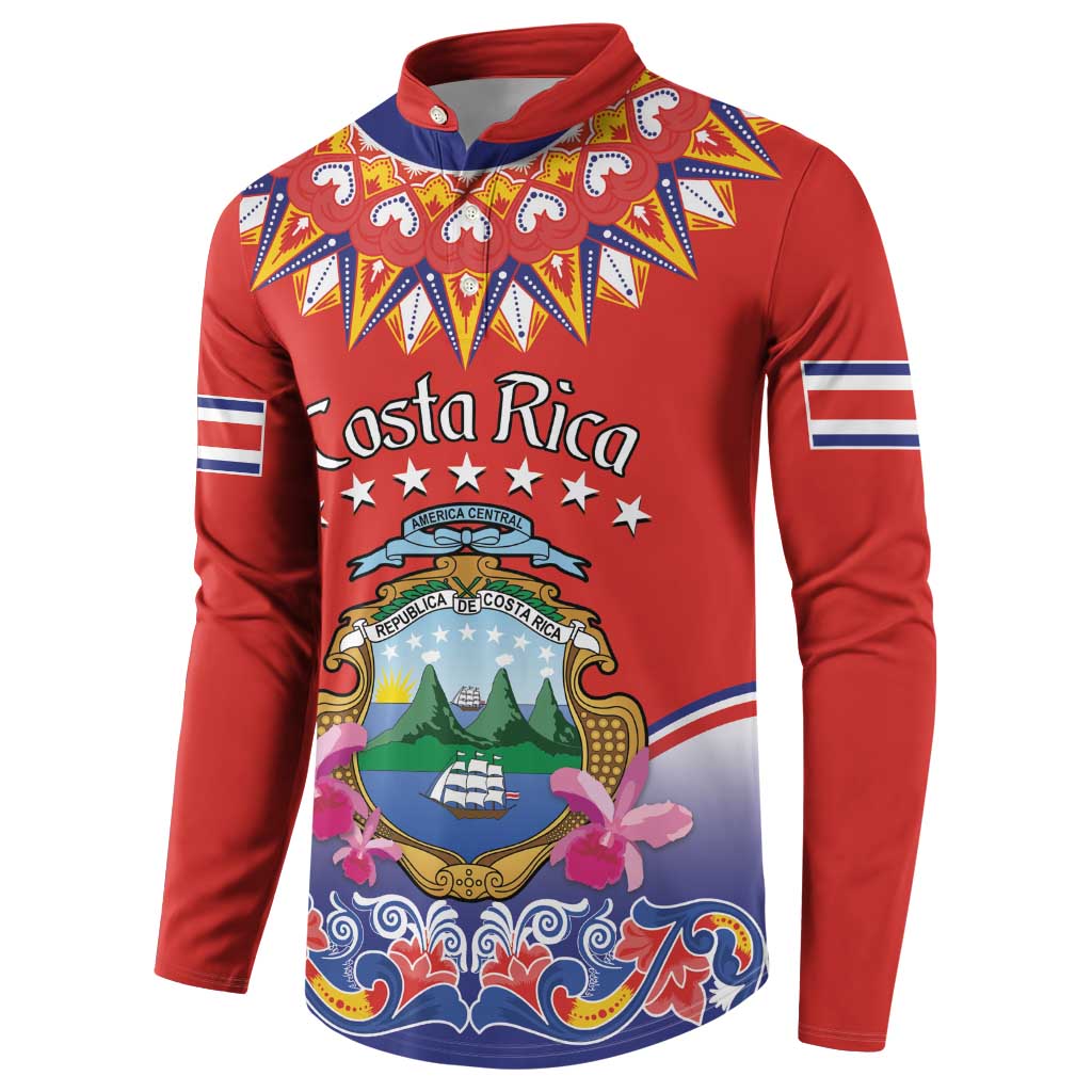 Red long-sleeve button sweatshirt with Costa Rica folk print and striped sleeve bands, side view.