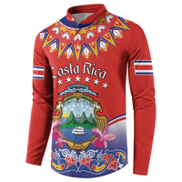 Red long-sleeve button sweatshirt with Costa Rica folk print and striped sleeve bands, side view.