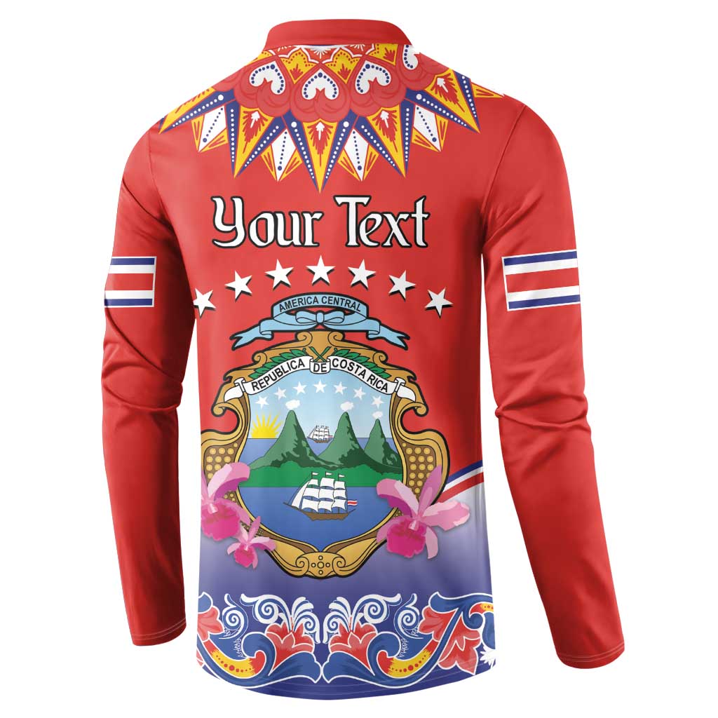 Red long-sleeve button sweatshirt back with Your Text, Costa Rica emblem, and folk trim collar.