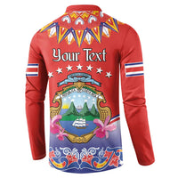 Red long-sleeve button sweatshirt back with Your Text, Costa Rica emblem, and folk trim collar.