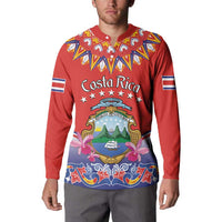 Red long-sleeve button sweatshirt with Costa Rica folk graphic and striped sleeve cuffs.