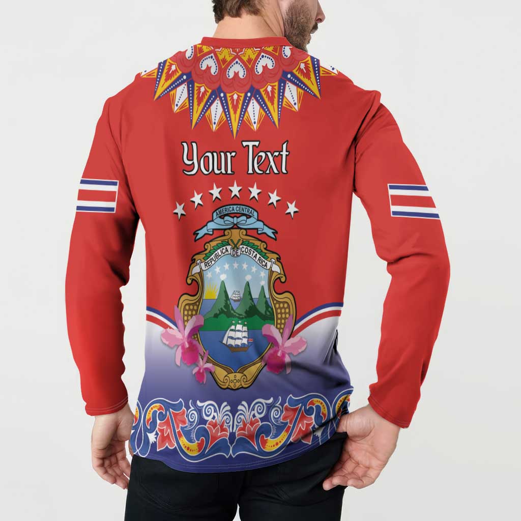 Red long-sleeve button sweatshirt back with Your Text and Costa Rica emblem, folk wave hem.