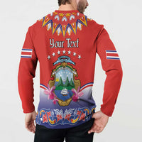 Red long-sleeve button sweatshirt back with Your Text and Costa Rica emblem, folk wave hem.