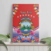 Red canvas wall art showing folk frame border, crest, star row, and "Your Text".