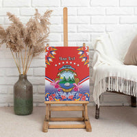 Red canvas wall art on easel with folk border, crest, stars, and "Your Text".