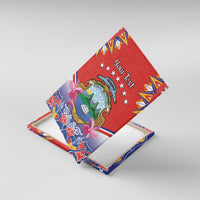 Red canvas wall art angled view with folk border, crest, stars, and "Your Text".