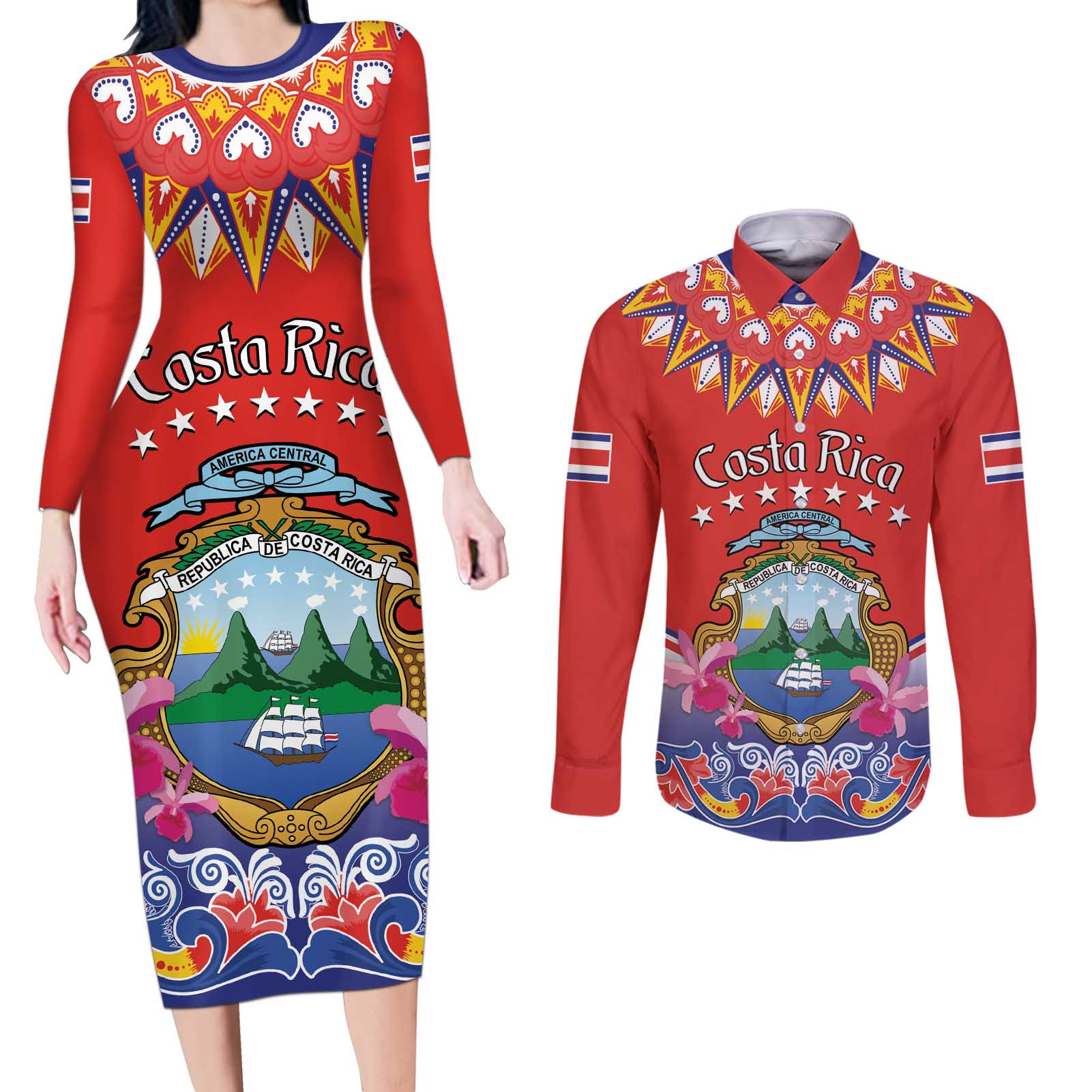 Personalized Costa Rica Independence Day Couples Matching Long Sleeve Bodycon Dress and Long Sleeve Button Shirt Guaria Morada With Folk Pattern - Wonder Print Shop