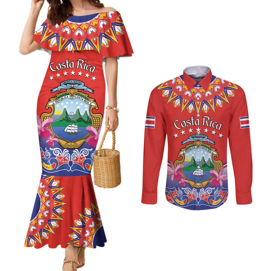 Personalized Costa Rica Independence Day Couples Matching Mermaid Dress and Long Sleeve Button Shirt Guaria Morada With Folk Pattern