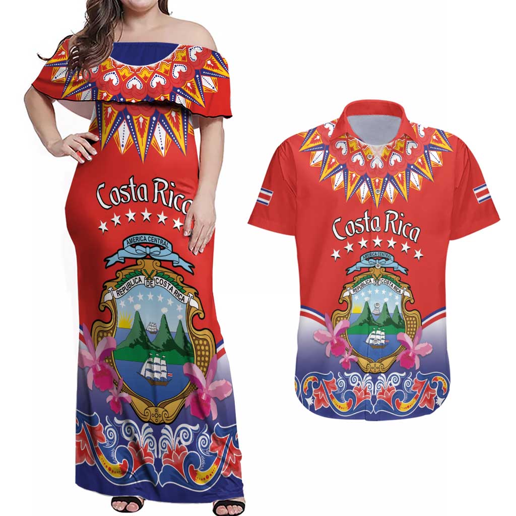 Personalized Costa Rica Independence Day Couples Matching Off Shoulder Maxi Dress and Hawaiian Shirt Guaria Morada With Folk Pattern - Wonder Print Shop