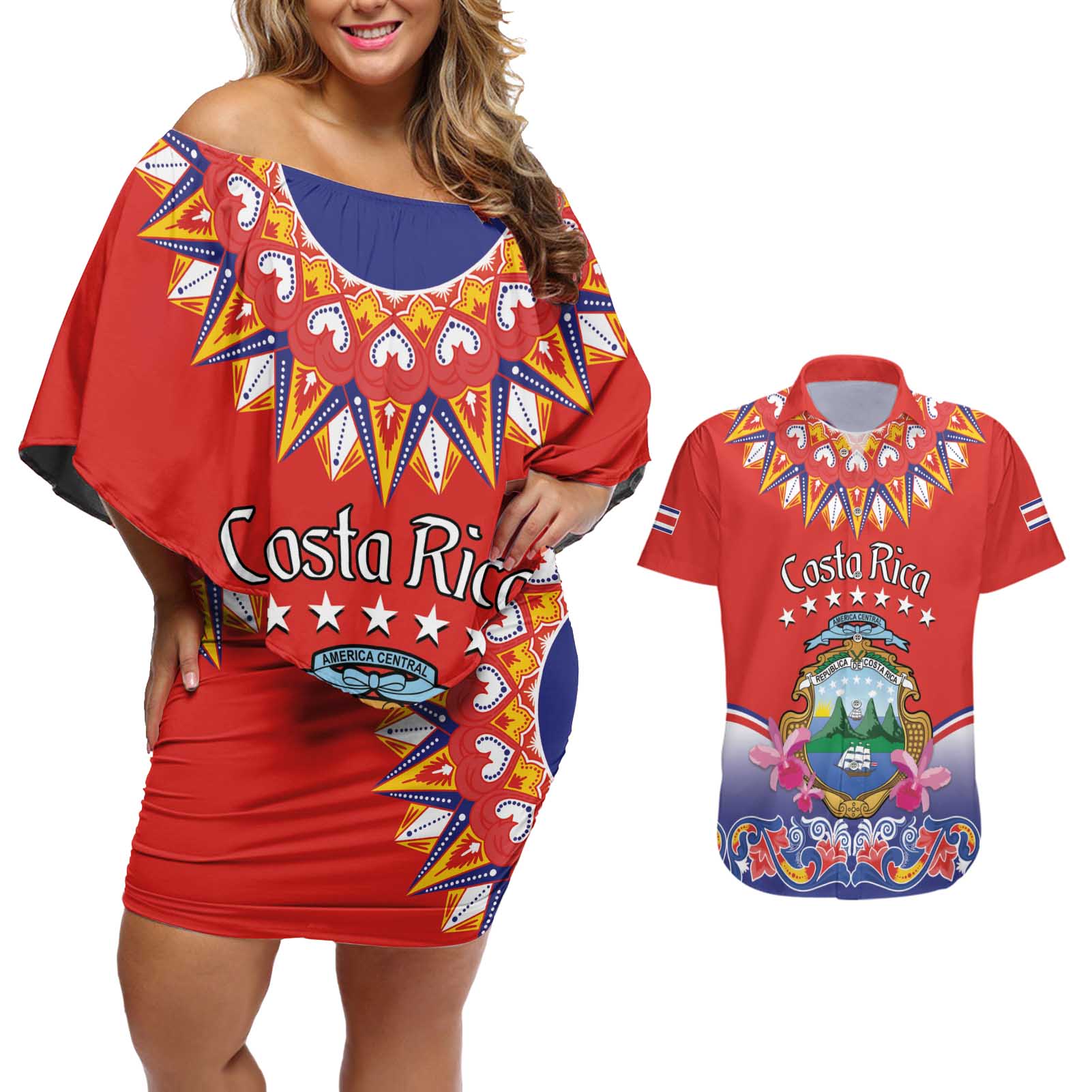 Personalized Costa Rica Independence Day Couples Matching Off Shoulder Short Dress and Hawaiian Shirt Guaria Morada With Folk Pattern - Wonder Print Shop