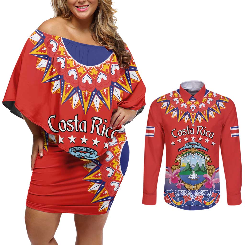 Personalized Costa Rica Independence Day Couples Matching Off Shoulder Short Dress and Long Sleeve Button Shirt Guaria Morada With Folk Pattern - Wonder Print Shop