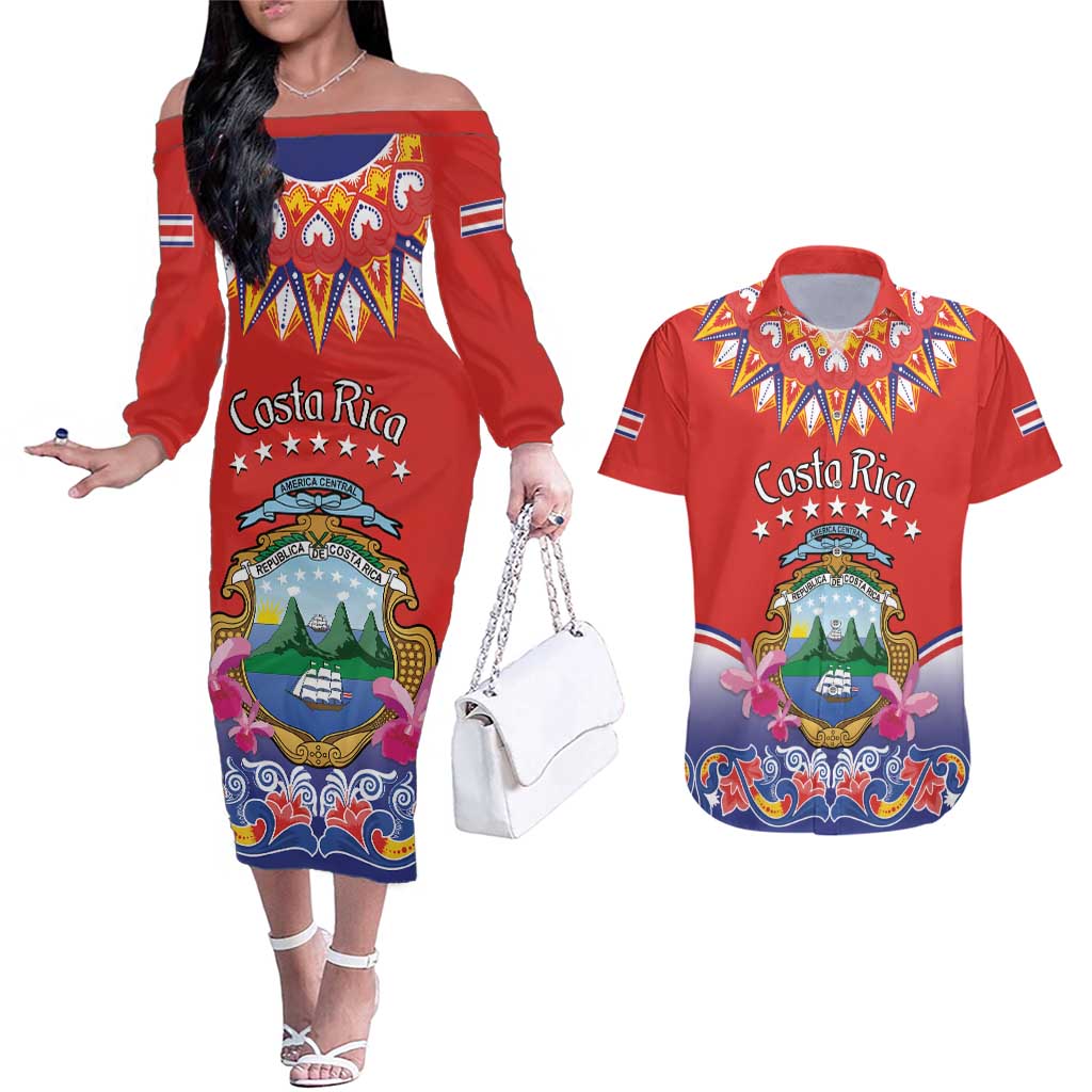 Personalized Costa Rica Independence Day Couples Matching Off The Shoulder Long Sleeve Dress and Hawaiian Shirt Guaria Morada With Folk Pattern - Wonder Print Shop