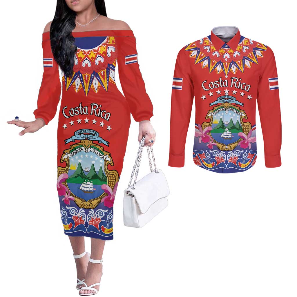 Personalized Costa Rica Independence Day Couples Matching Off The Shoulder Long Sleeve Dress and Long Sleeve Button Shirt Guaria Morada With Folk Pattern