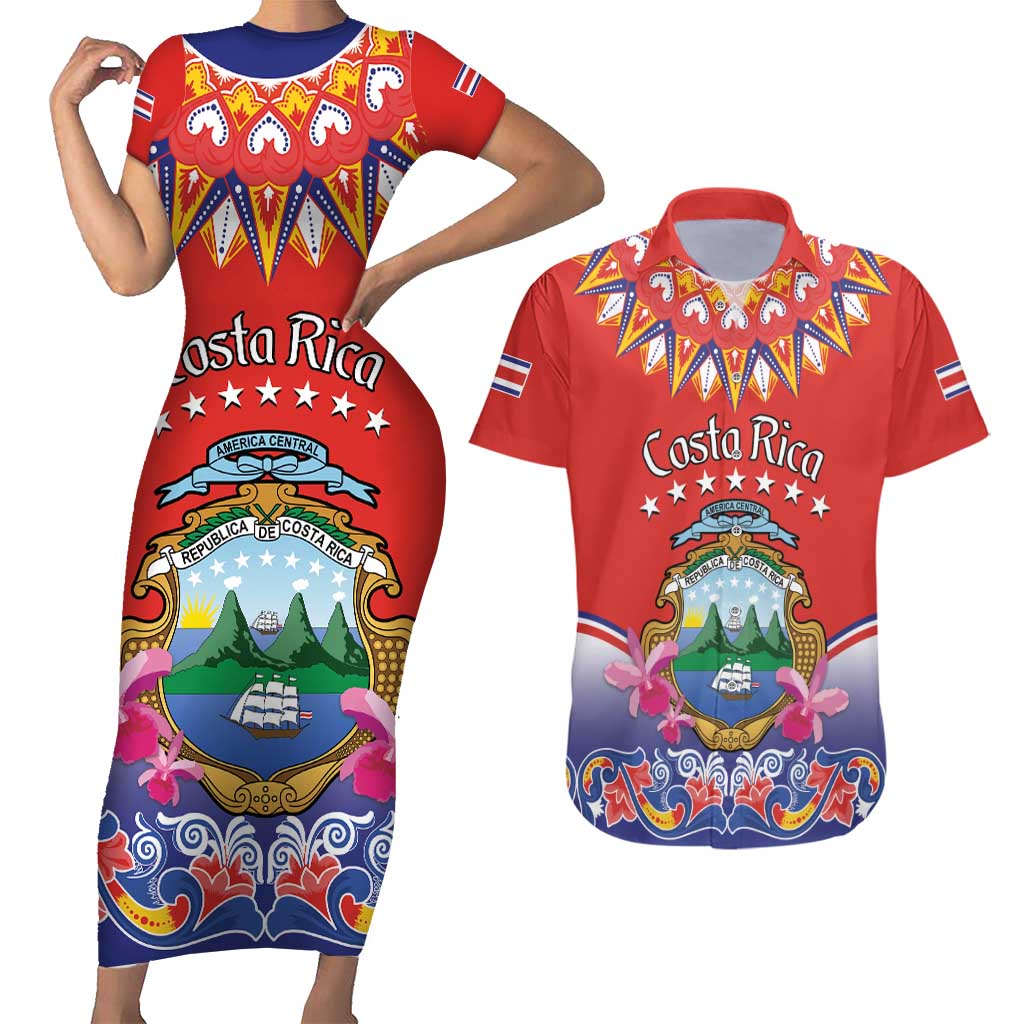 Personalized Costa Rica Independence Day Couples Matching Short Sleeve Bodycon Dress and Hawaiian Shirt Guaria Morada With Folk Pattern - Wonder Print Shop