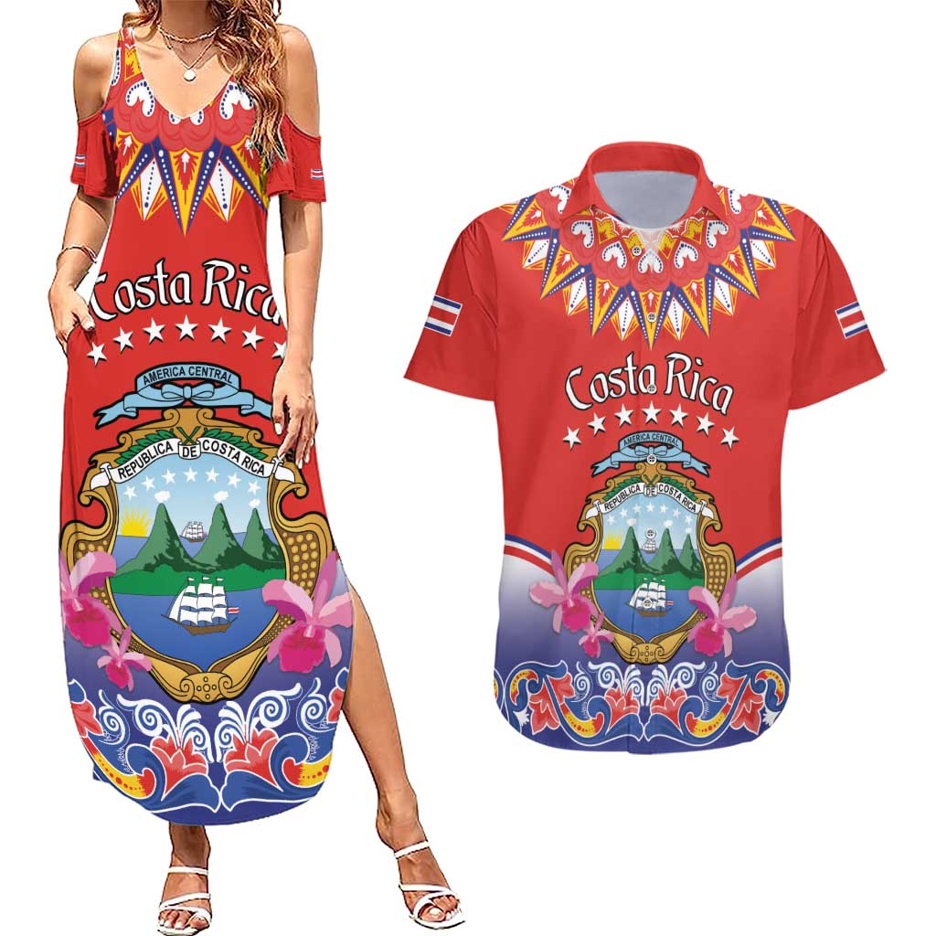 Personalized Costa Rica Independence Day Couples Matching Summer Maxi Dress and Hawaiian Shirt Guaria Morada With Folk Pattern - Wonder Print Shop