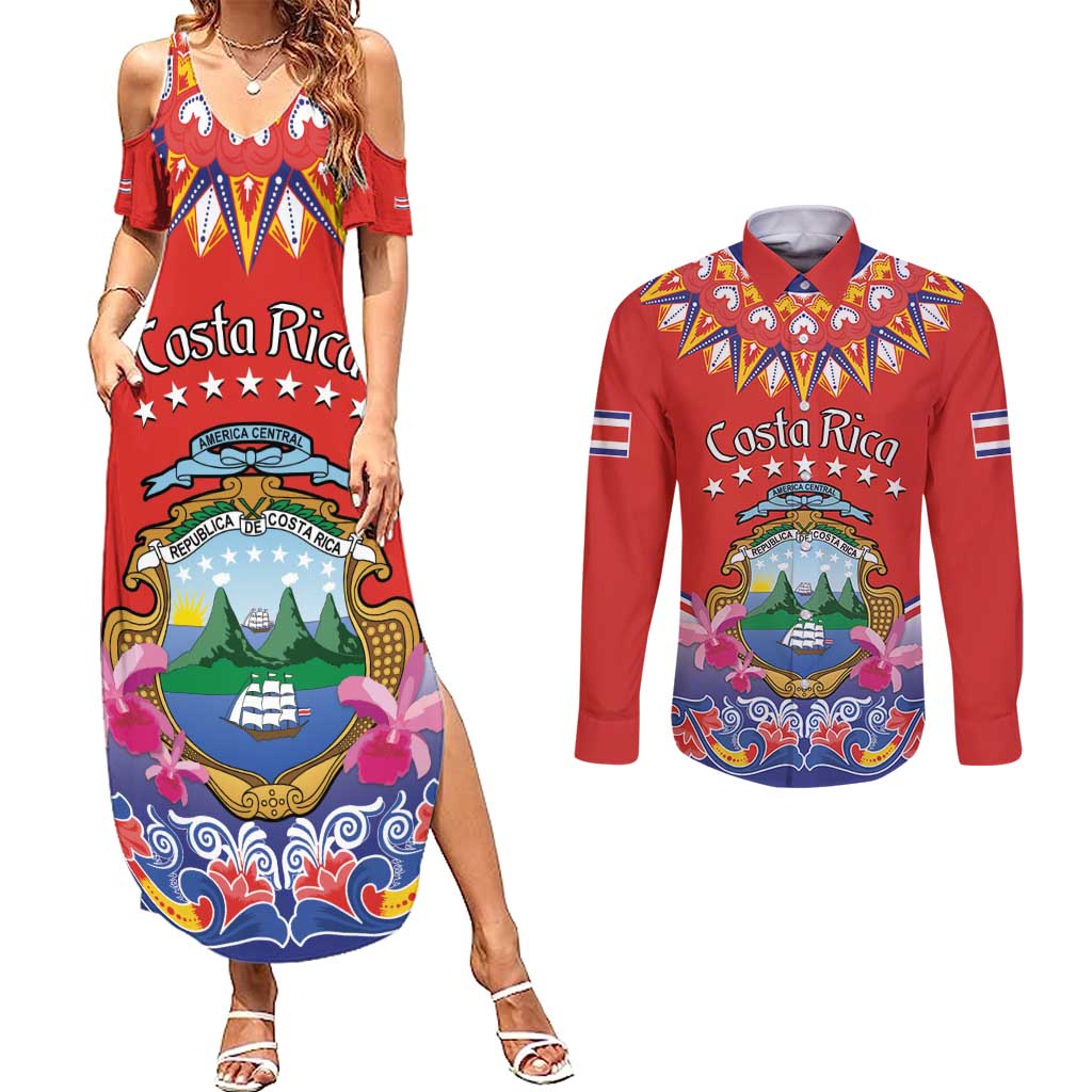 Personalized Costa Rica Independence Day Couples Matching Summer Maxi Dress and Long Sleeve Button Shirt Guaria Morada With Folk Pattern - Wonder Print Shop