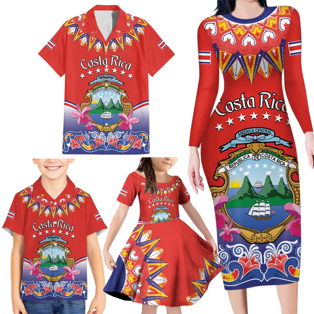 Personalized Costa Rica Independence Day Family Matching Long Sleeve Bodycon Dress and Hawaiian Shirt Guaria Morada With Folk Pattern - Wonder Print Shop